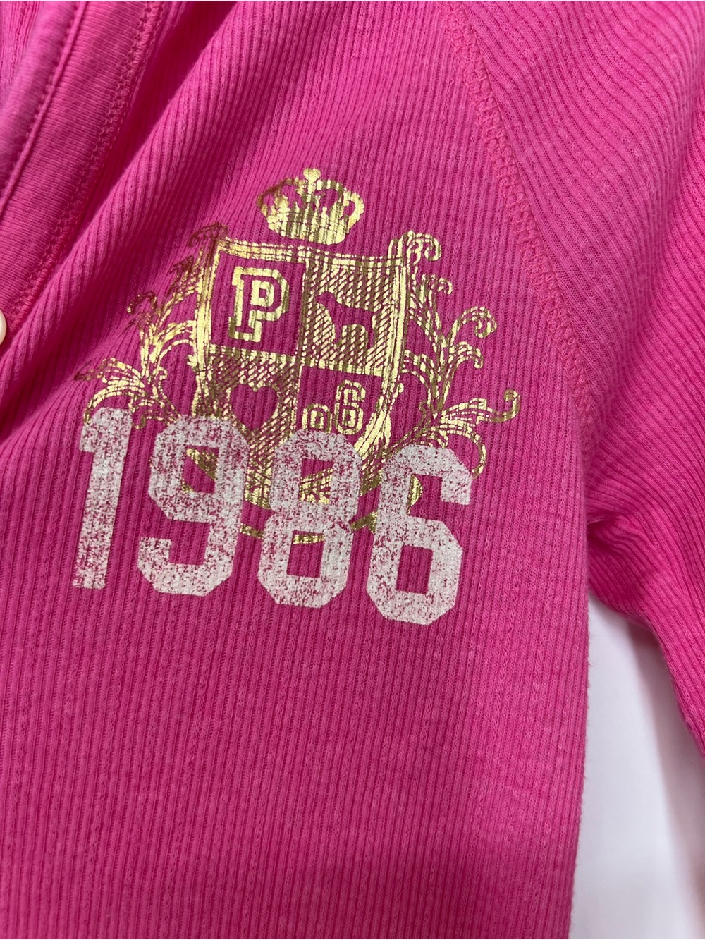 PINK Victoria's Secret Hot Pink Long-Sleeve Hooded Henley Sleepwear with Crest - Picture 3 of 6